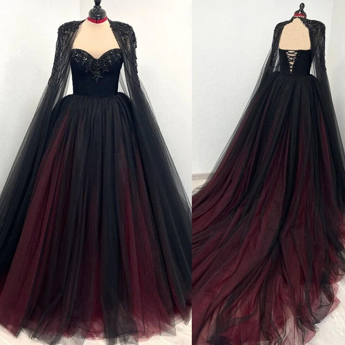 Gothic Black and Red Sweetheart Wedding Dresses with Cape Appliques Bridal Gown - Picture 1 of 7