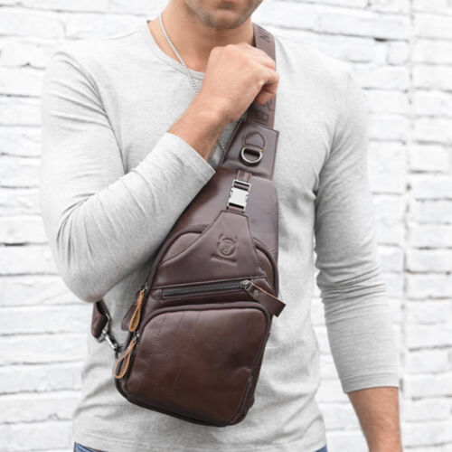 Mens Vintage Genuine Leather Satchel Shoulder Sling Crossbody Chest Bag Travel - Picture 10 of 14