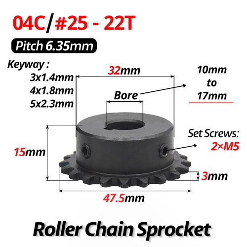 #25 Roller Chain Sprocket With Keyway 04C 13T-40T Tooth Bore 8-30mm Pitch 6.35mm - Picture 20 of 32