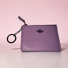 Coach Mini Skinny ID Case Purple Crossgrain Leather Keychain Card Wallet