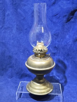 Vintage Brass Pedestal Kerosene Oil Lamp with Clear Chimney - India 