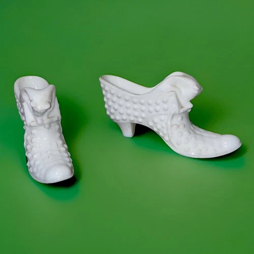 Vintage Fenton White Milk Glass Hobnail Shoe Slipper with Cat Head Lot of 2