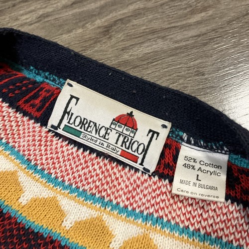 Vintage 90s Florence Tricot 3D Knit Coogi Style Cardigan Sweater L Stripe - Picture 2 of 5