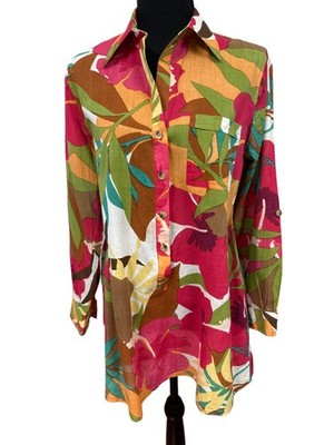 Womens SZ Sm True Destinations Resort Wear/Tropical Floral Tunic Button Up Top