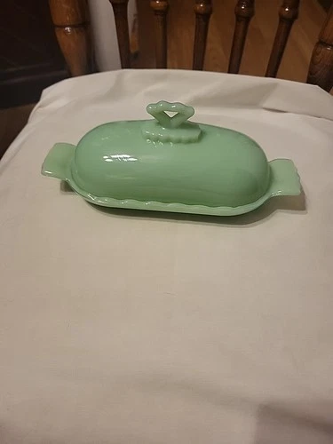 Vtg Mosser Green Jadite Glass Butter Dish With Handles  9"x 4"