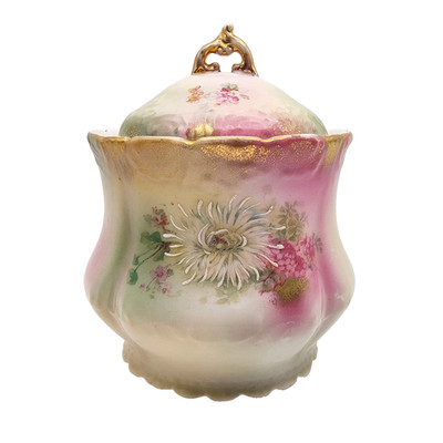 Antique Victorian Cracker Jar Porcelain Hand Painted Chrysanthemum Gold Accents