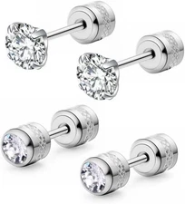 Hypoallergenic double sided diamond Stud Earrings For 4mm Steel (2 Pairs) 