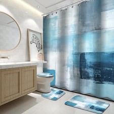 4Pcs Bathroom Shower Curtain Sets with Rugs,Turquoise White Painting Art Bath...