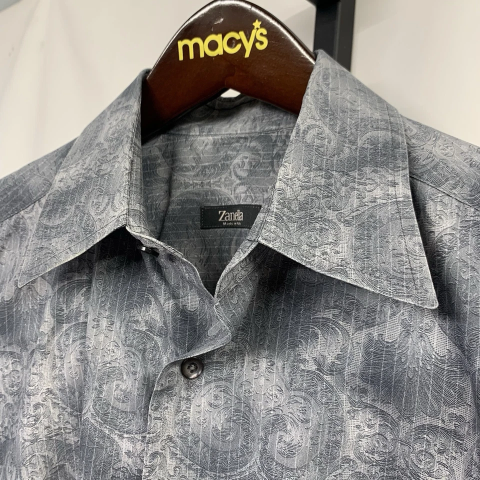 Camisa de vestir Zanella Italia para hombre M gris floral ligera de algodón con botones Foto 4 de 4