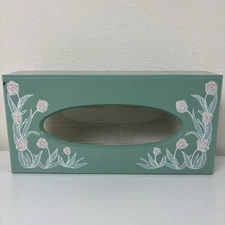 Vintage Mint Green Plastic Tissue Holder Painted Floral Pink White MCM Jolo Corp