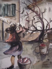 Mid Century Painting American Regionalism Windy Day Laundry Charles Yeiser 1940s