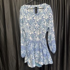 Free People Dress M Viscose Boho Mini Dress Blue Paisley Floral Open Back