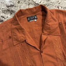 Mexican Guayabera Shirt Mens 2XL Burnt Orange Embroidery 4 Pocket Cuban Wedding