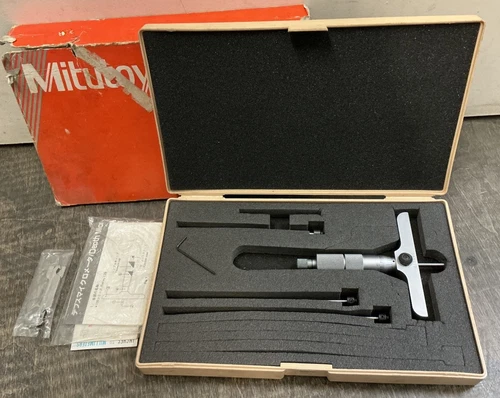 Vintage MITUTOYO # 129-131 Depth Gauge Micrometer SET DMC4-4 with Case Japan