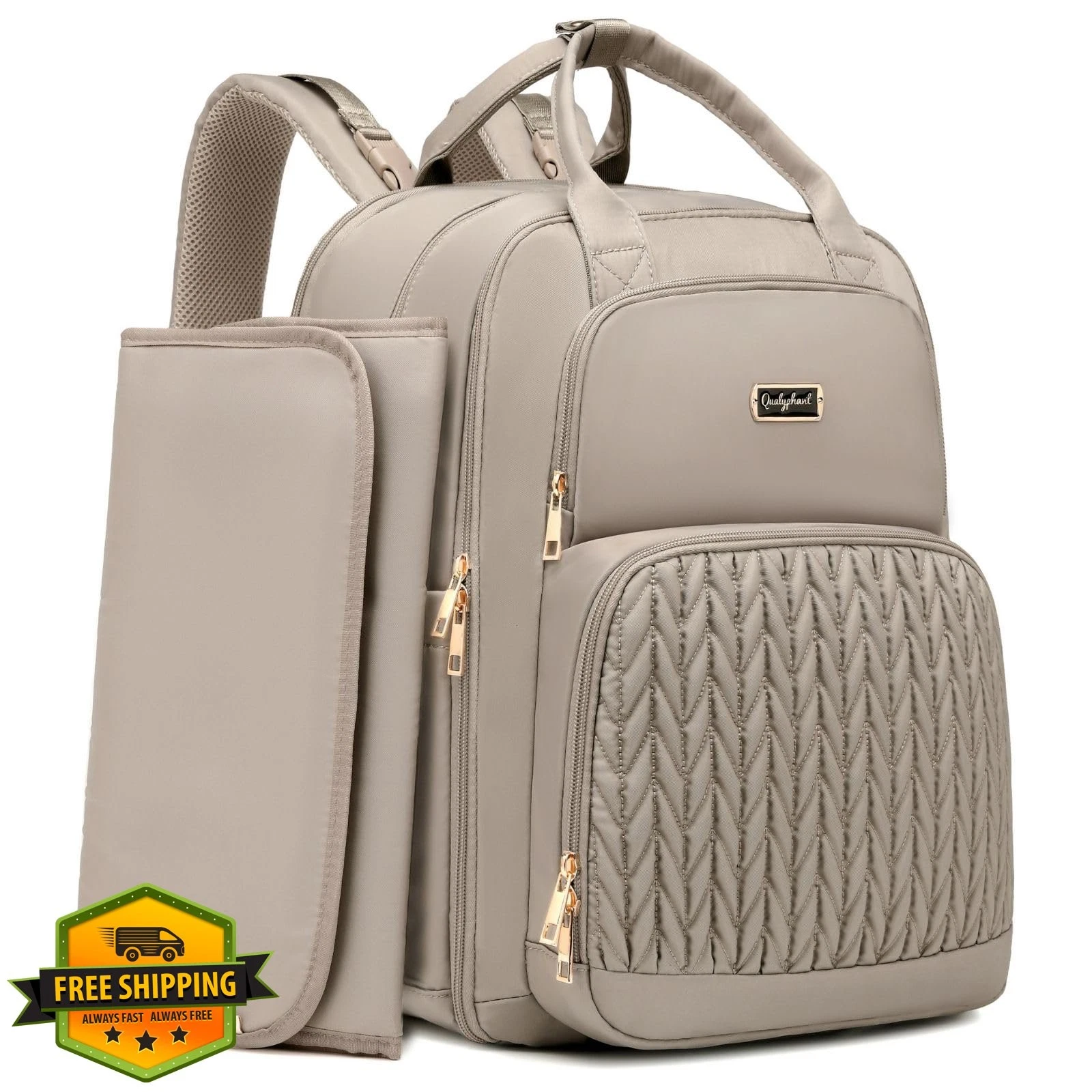Qualyphant Diaper Bag Backpack Brown Taupe Quilted Expandable Twins