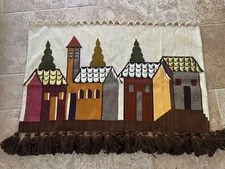 1970s Olga Fisch  Ecuador Tapestry Cityscape  Silver + gold tile roof
