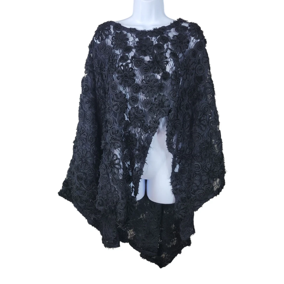 Lace Cape Poncho One Size Medium Large XL Plus 1X 2X 3X Black alt Floral Womens - Image 4 of 4