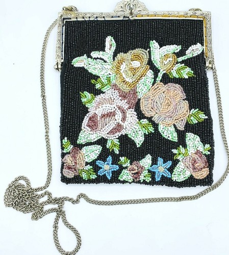 Vtg Christiana Black Beaded Floral Roses Flapper Crossbody Shoulder Bag Purse - Picture 3 of 9