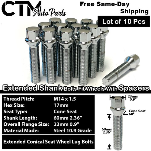 10x Chrome 14x1.5 Conical Lug Bolt 60mm Shank Fit Aftermarket Rim 12-17mm Spacer - Picture 1 of 6