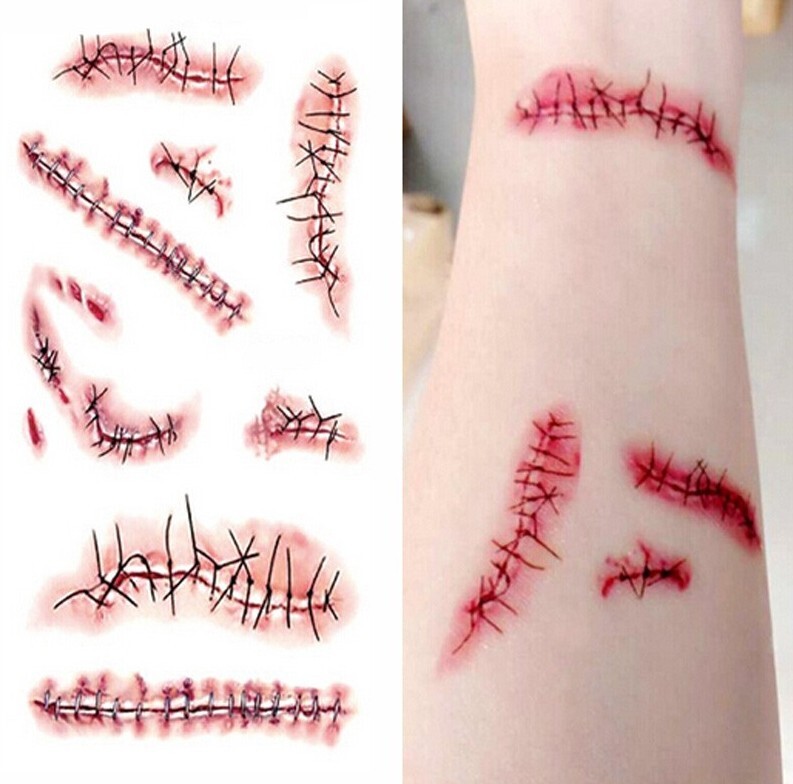 Halloween Zombie Scars Stitches Temporary Tattoos Party Wound Face Make Up Kit - Picture 4 of 4