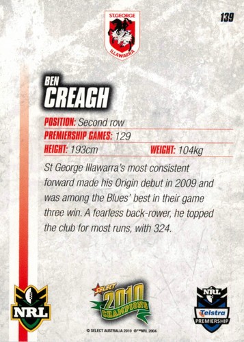 Signed 2010 St George Illawarra Dragons NRL Premiers Select Card - Ben Creagh - Picture 2 of 3