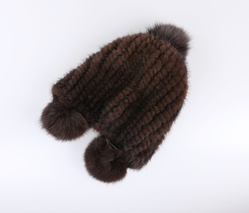 Women's Winter Beanie Hat Genuine Mink Fur Knitted Cap With Earflaps Fox Fur Pom - Picture 6 of 29