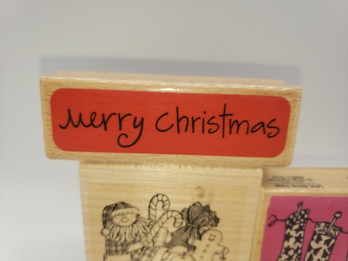 Set of 3 Merry Christmas Stocking Snowman Present Wood Rubber Stamp - Picture 11 of 12