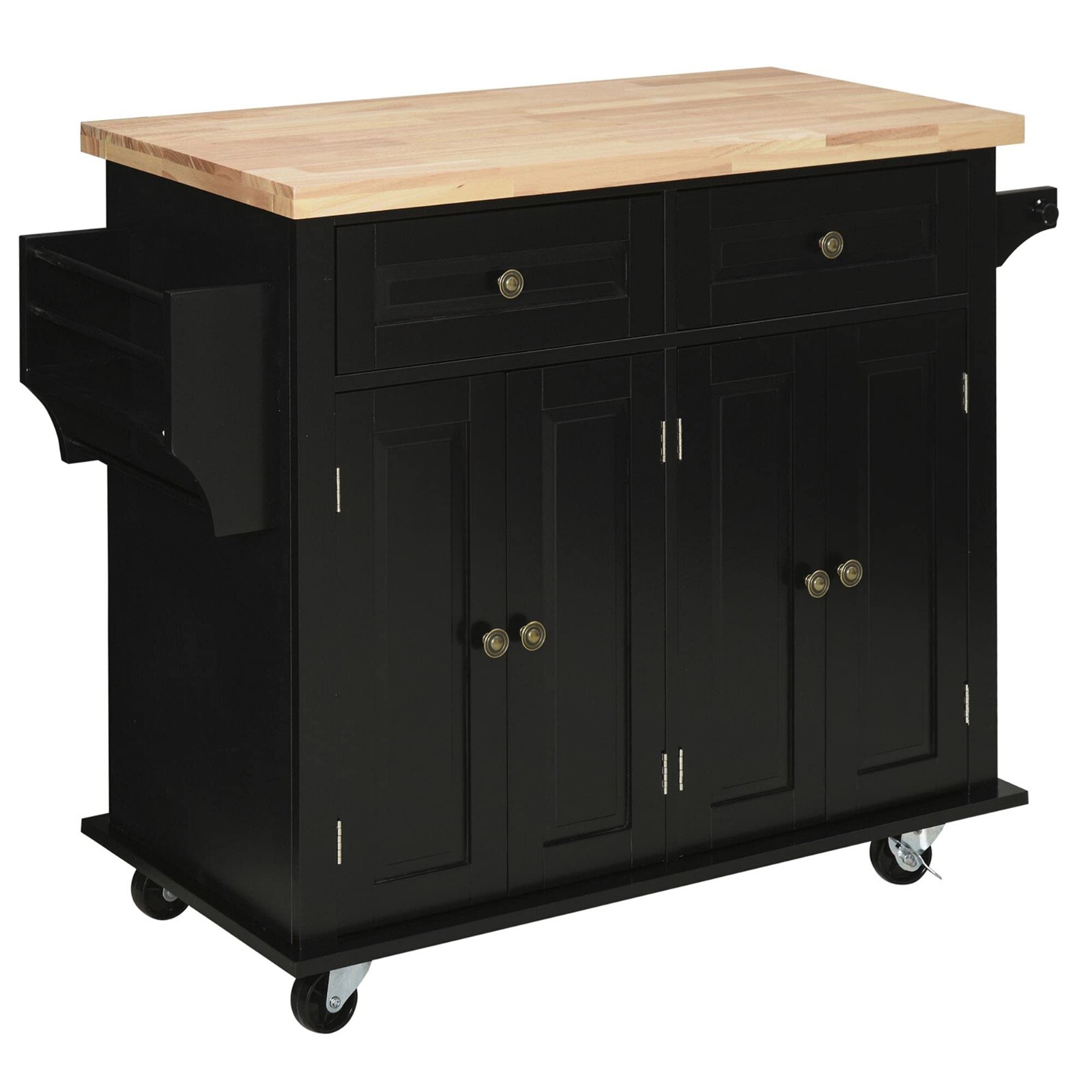 Ilot de cuisine noir et bois avec tiroirs et roulettes pour grand rangement de vaisselle