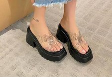 Fashion Women Peep Toe Sequins Peep Toe Slipper Summer Block Heels Party Shoes