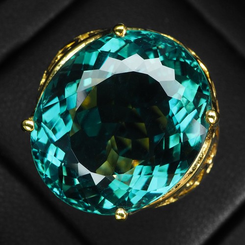 Estate Lagoon Green Tourmaline 20.50Ct 925 Sterling Silver 24K Gold Plated Rings - Picture 2 of 8