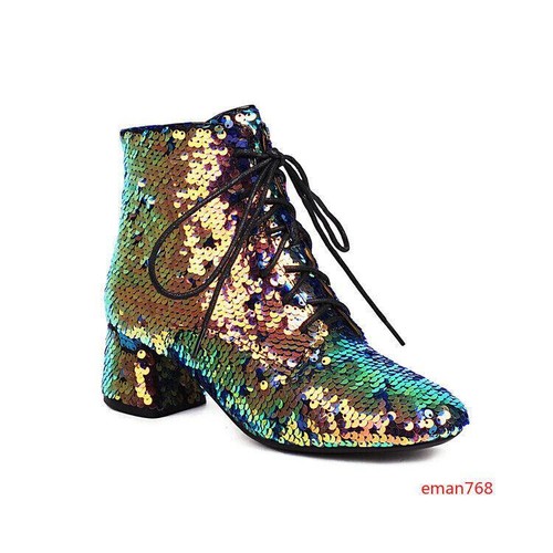 Para mujeres Brillo Lentejuelas Punta Botines Tacones Medio Bloque Zapatos Botín - Imagen 9 de 19