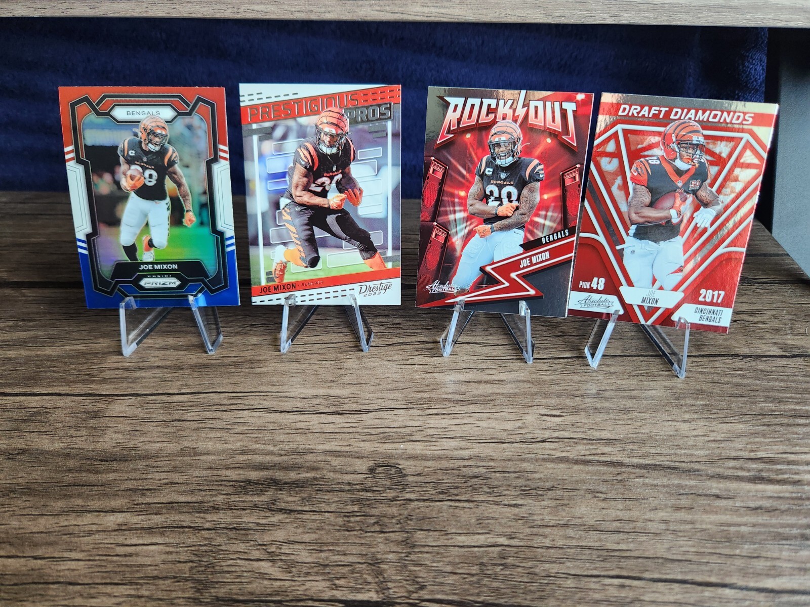 2023 Joe Mixon Red White Blue Prizm, Draft Diamonds, Prestigious Pros, Rock Out