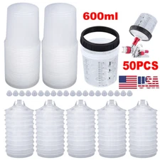 50Pack CUPS Disposable Paint Spray Gun Cup Liners and Lid System (190 Mic) 600ml