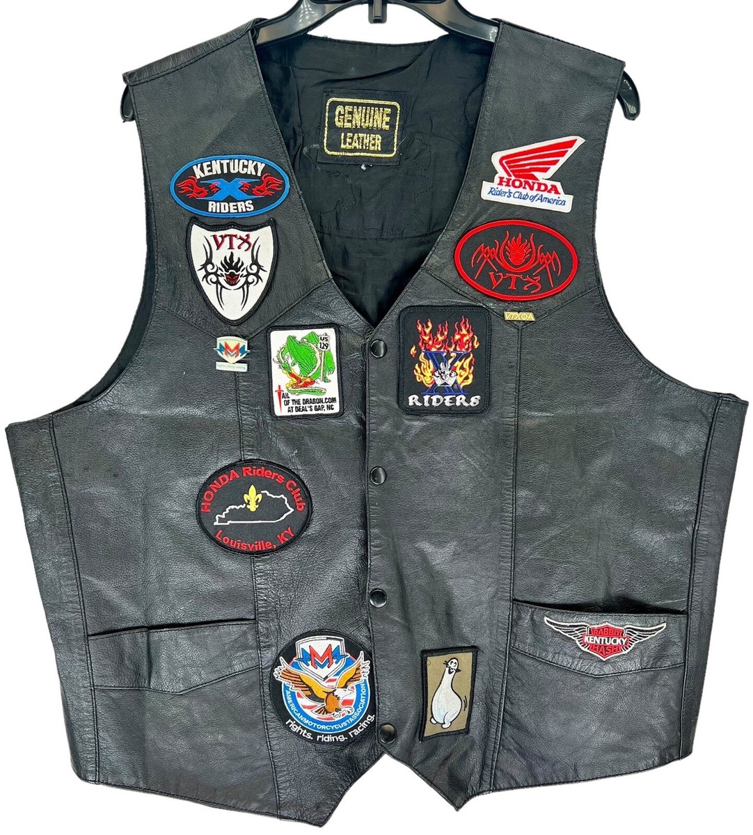 Black Genuine Leather Motorcycle Biker Vest L Large Eagle Patches