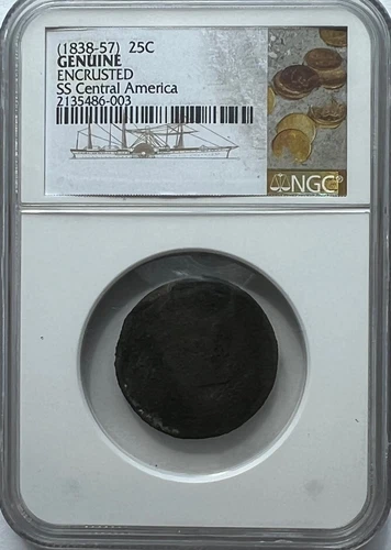 RARE SS CENTRAL AMERICA SHIPWRECK ENCRUSTED NGC SEATED LIBERTY QUARTER 1838-1857