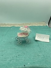 Vintage Miniature Metal Pram Baby Carriage Stroller Dollhouse White 3 X 2 X 3.5