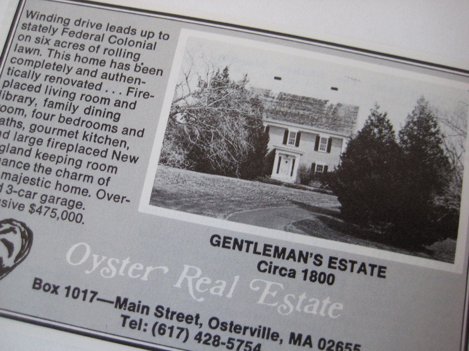 vtg HOUSE AD antique 1800 home Oyster Real Estate Osterville MA