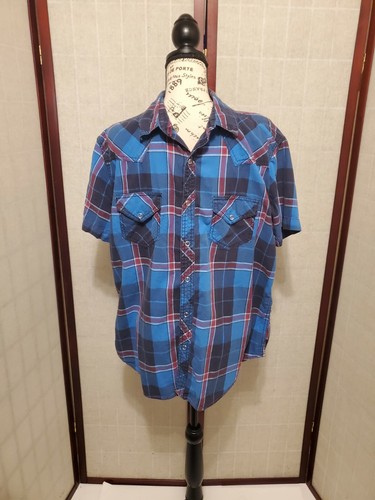 Arizona Red & Blue Plaid Short Sleeve Button-Up Shirt Men's Size Large