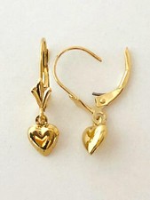14K Solid Yellow Gold 3D Heart Dangle Earring. W: 6 mm L: 22 mm E1994-80