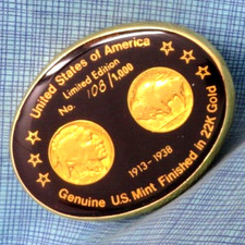 Buffalo Nickel Belt Buckle 22K Gold Finished 108 of 1000 Vtg 80s Von West.TAZ771