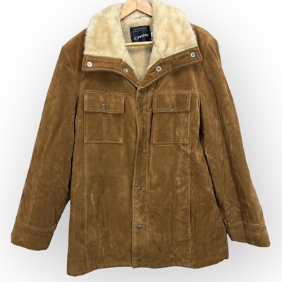 Vtg JCPenney Mens M Rancher Faux Sherpa Western Jacket Brown Square Pockets  Snap