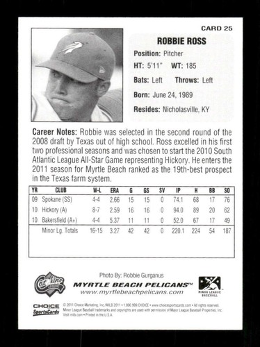 2011 Choice Myrtle Beach Pelicans 25 Robbie Ross BXCP30 - Picture 2 of 2