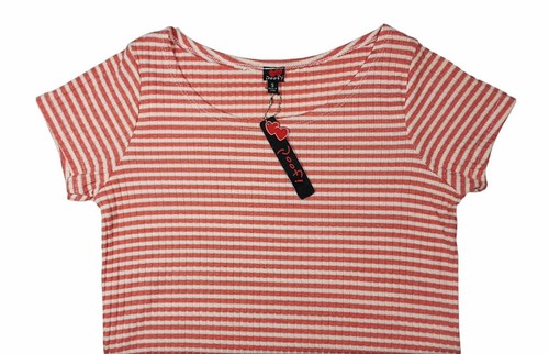 Poof Top Kurzarm Rundhals High Low Saum Strick gerippt gestreift rosa Damen S - Bild 5 von 9