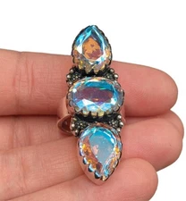 Sterling Aurora Borealis Mercury Mystic Aura Quartz Or Glass Colorful Ring Sz 5