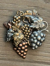 Tri Toned Grapes Leaves and Vine Pin Brooch Gold Copper Silver Tones Sign K & T