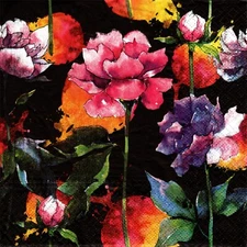 (2) Two Paper Lunch Napkins for Decoupage/Mixed Media - Painted Floral on Black