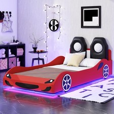 Wood Twin Size Race Car-Shaped Platform Bed with LED and Upholstered Backrest,