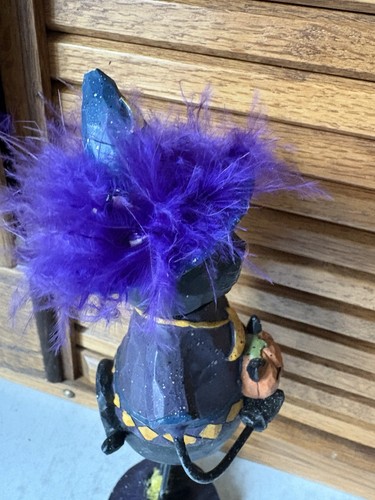 Halloween 10” Black Cat Holding Jack O Lantern Witches Fluffy Hat Shelf Decor - Picture 12 of 17