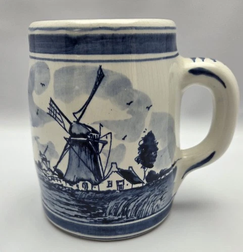 VTG Delfts Blauw Hand Painted Mug Classic Dutch Windmill Design Holland Chunky