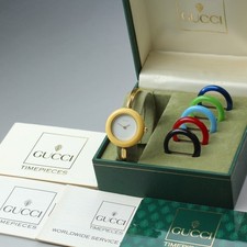 Near MINT GUCCI 11/12.2 6 Change Bezel Gold Bangle Quartz Ladies Watch w/ Box